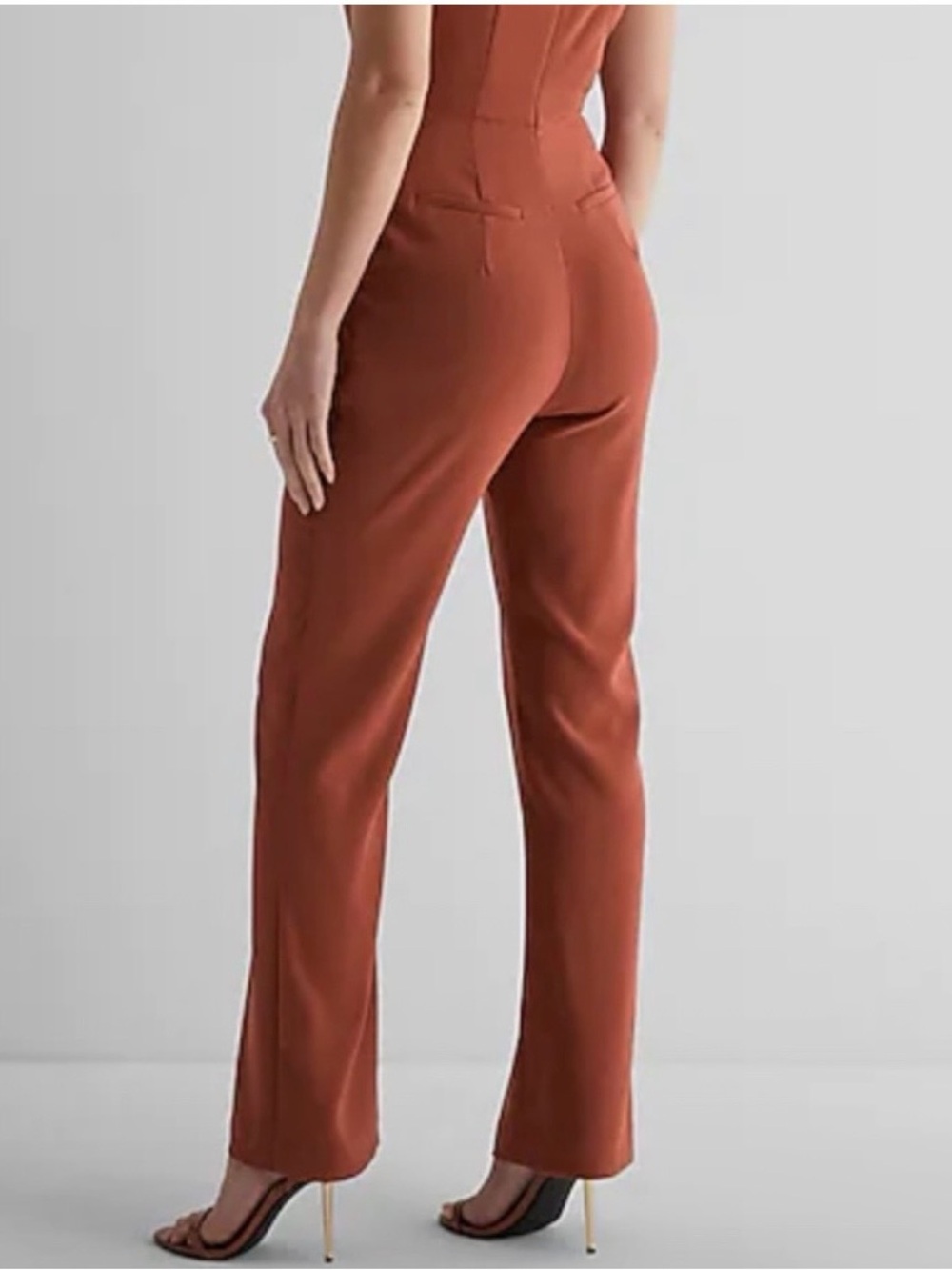 Express Sleeveless Tailored Jumpsuit in Rust with Cream Belt - Picture 2 of 4